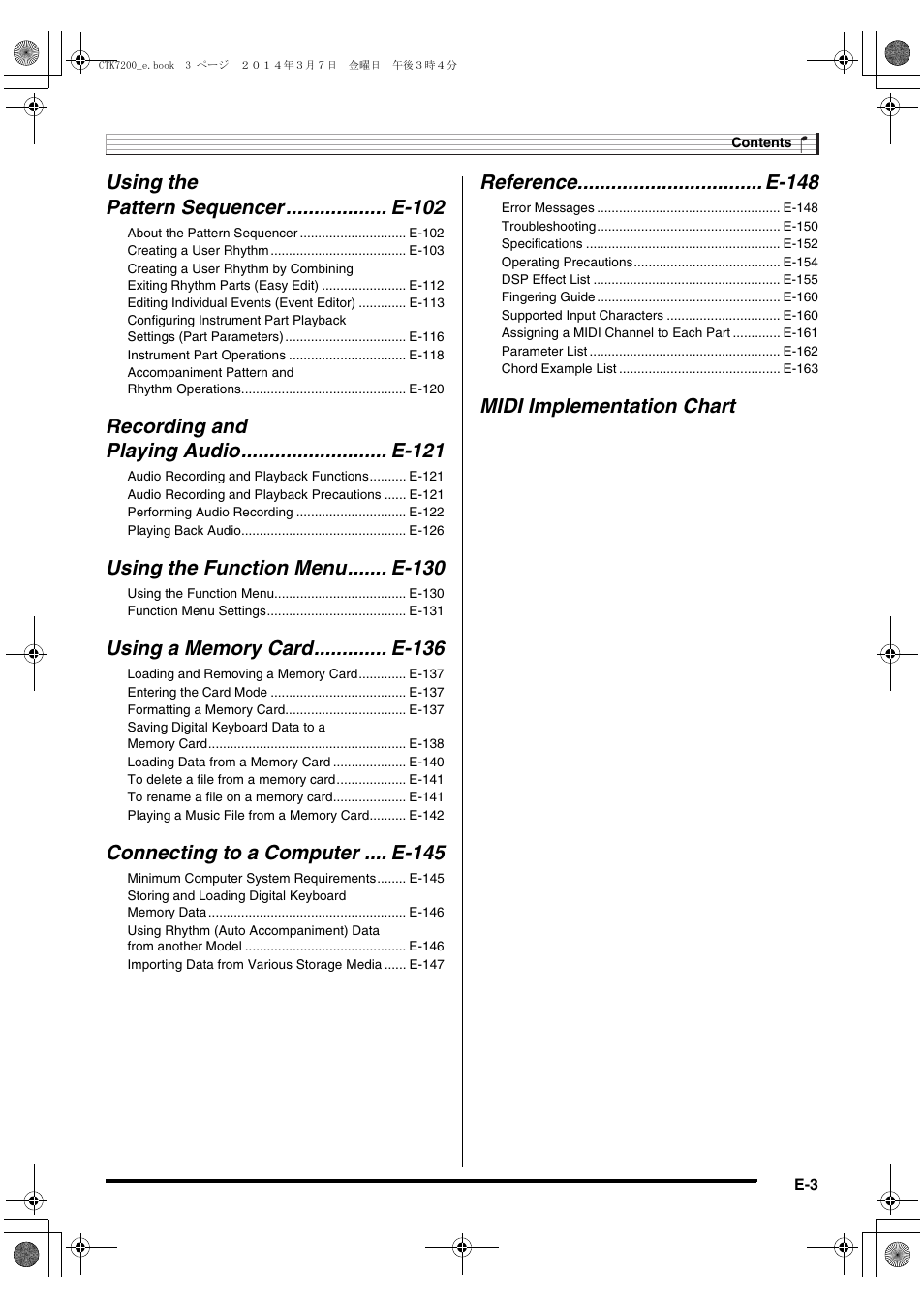 Using the function menu....... e-130, Connecting to a computer .... e-145, Reference................................. e-148 | Midi implementation chart | Casio CTK-7200 User Manual | Page 5 / 169