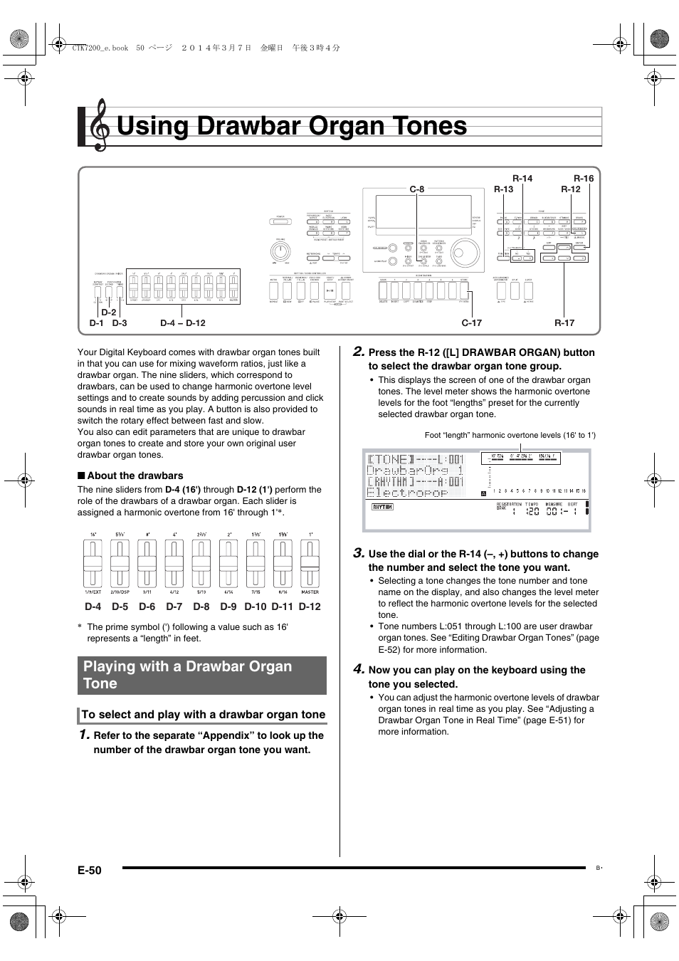 Using drawbar organ tones, Playing with a drawbar organ tone | Casio CTK-7200 User Manual | Page 52 / 169