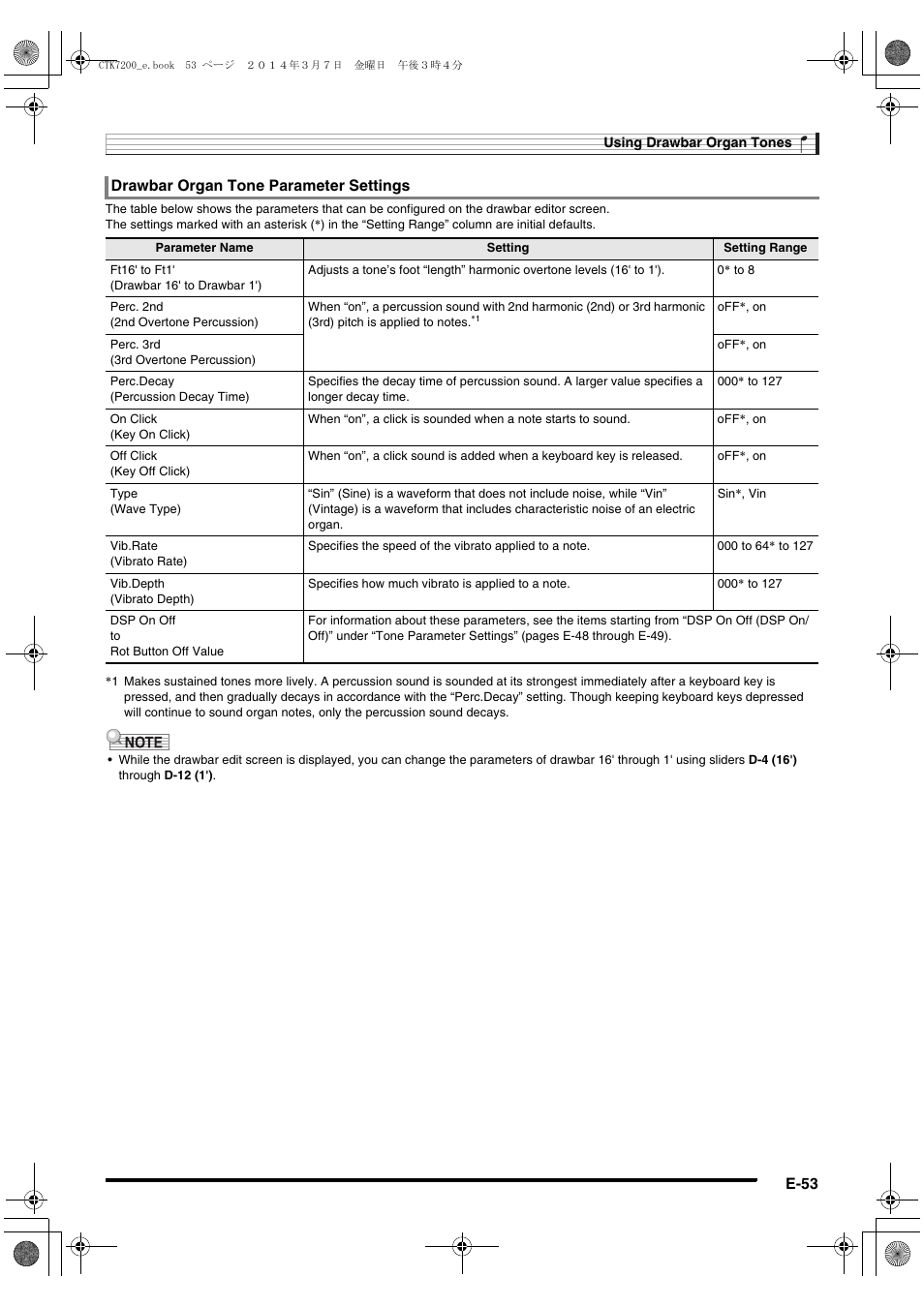 E-53, Drawbar organ tone parameter settings | Casio CTK-7200 User Manual | Page 55 / 169