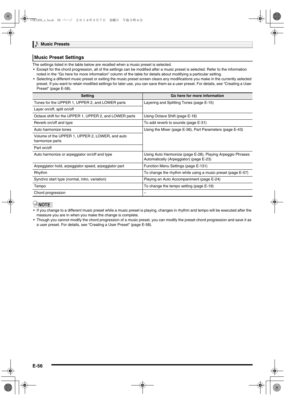 E-56, Music preset settings | Casio CTK-7200 User Manual | Page 58 / 169