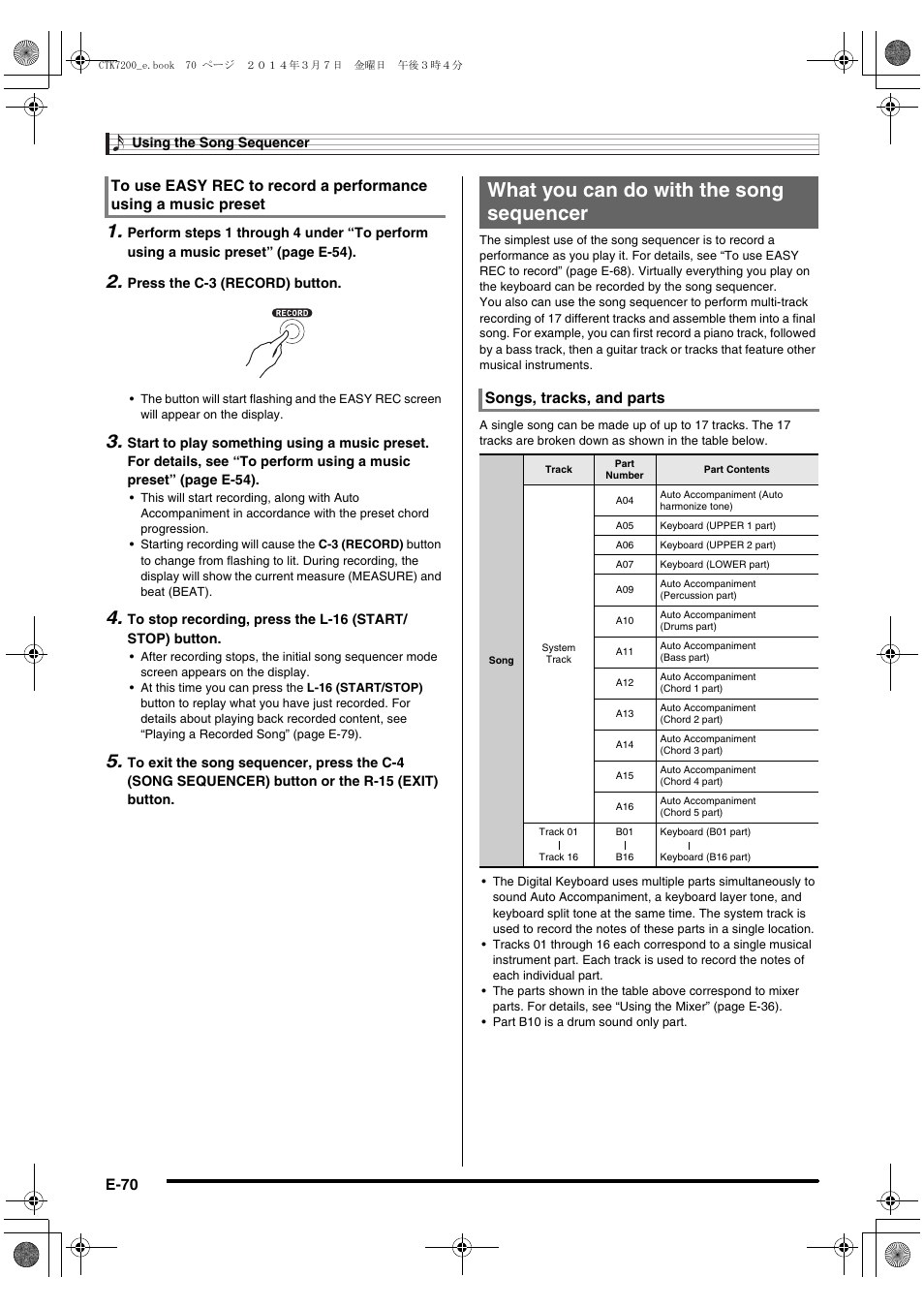 What you can do with the song sequencer, E-70, Songs, tracks, and parts | Casio CTK-7200 User Manual | Page 72 / 169