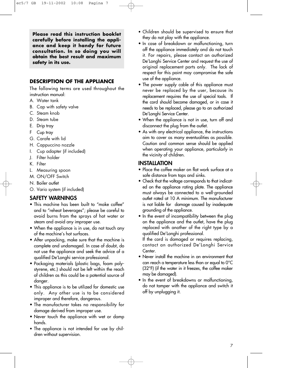 Safety warnings, Installation | DeLonghi EC 5-7 User Manual | Page 7 / 11