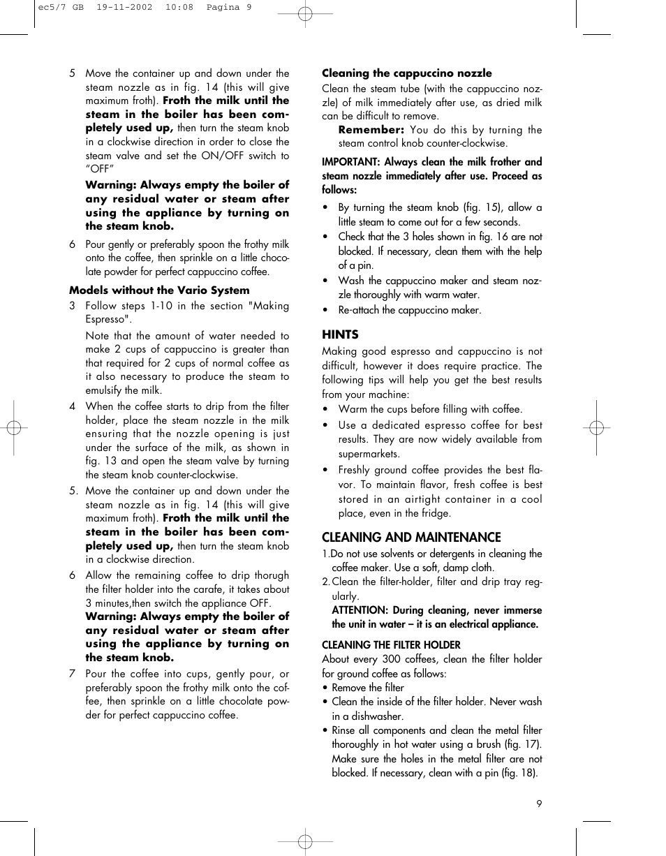 Cleaning and maintenance | DeLonghi EC 5-7 User Manual | Page 9 / 11