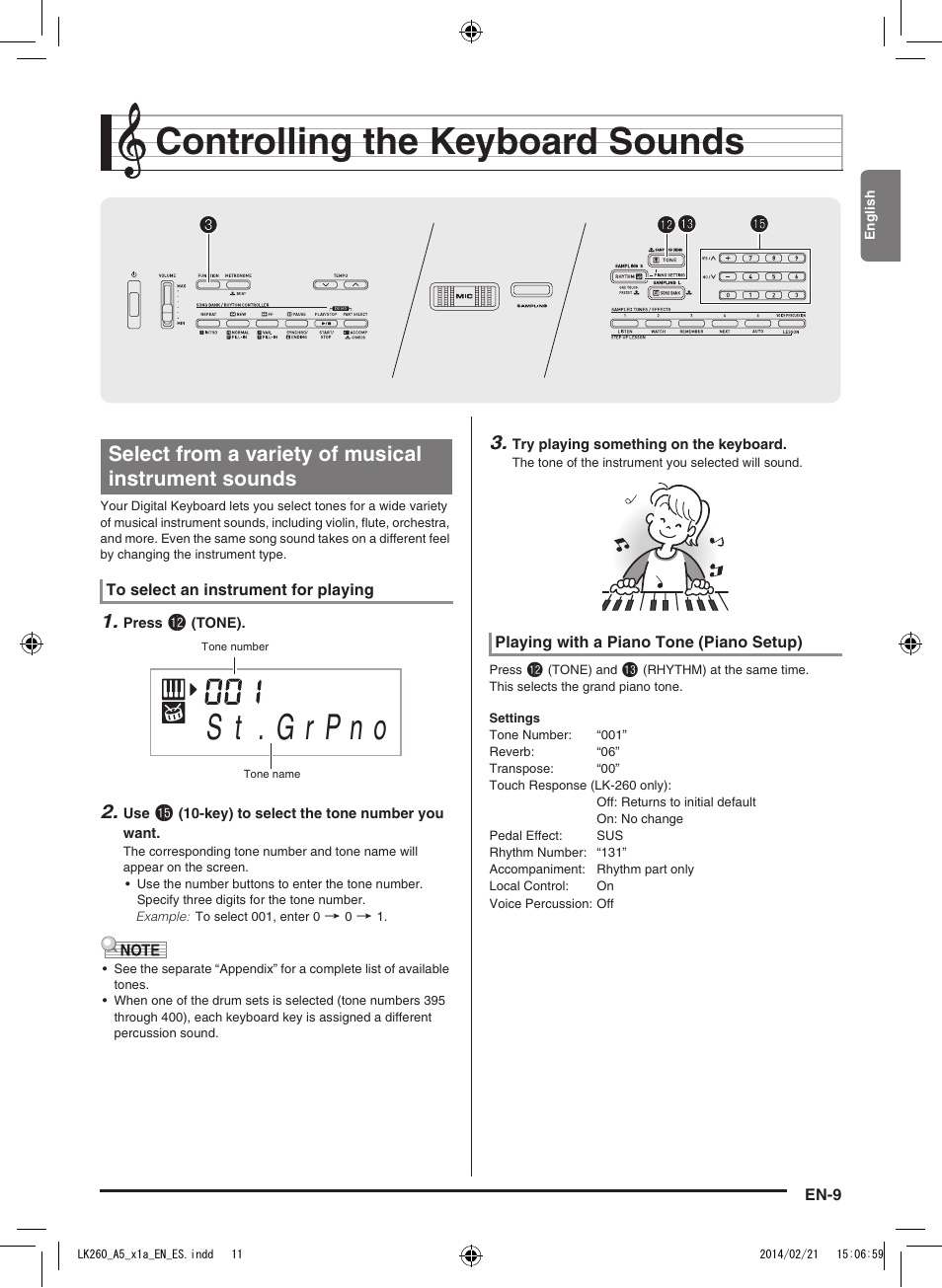 Controlling the keyboard sounds, Bm bp bp 3 3 bn bn, Select from a variety of musical instrument sounds | Casio LK-170 User Manual | Page 11 / 48