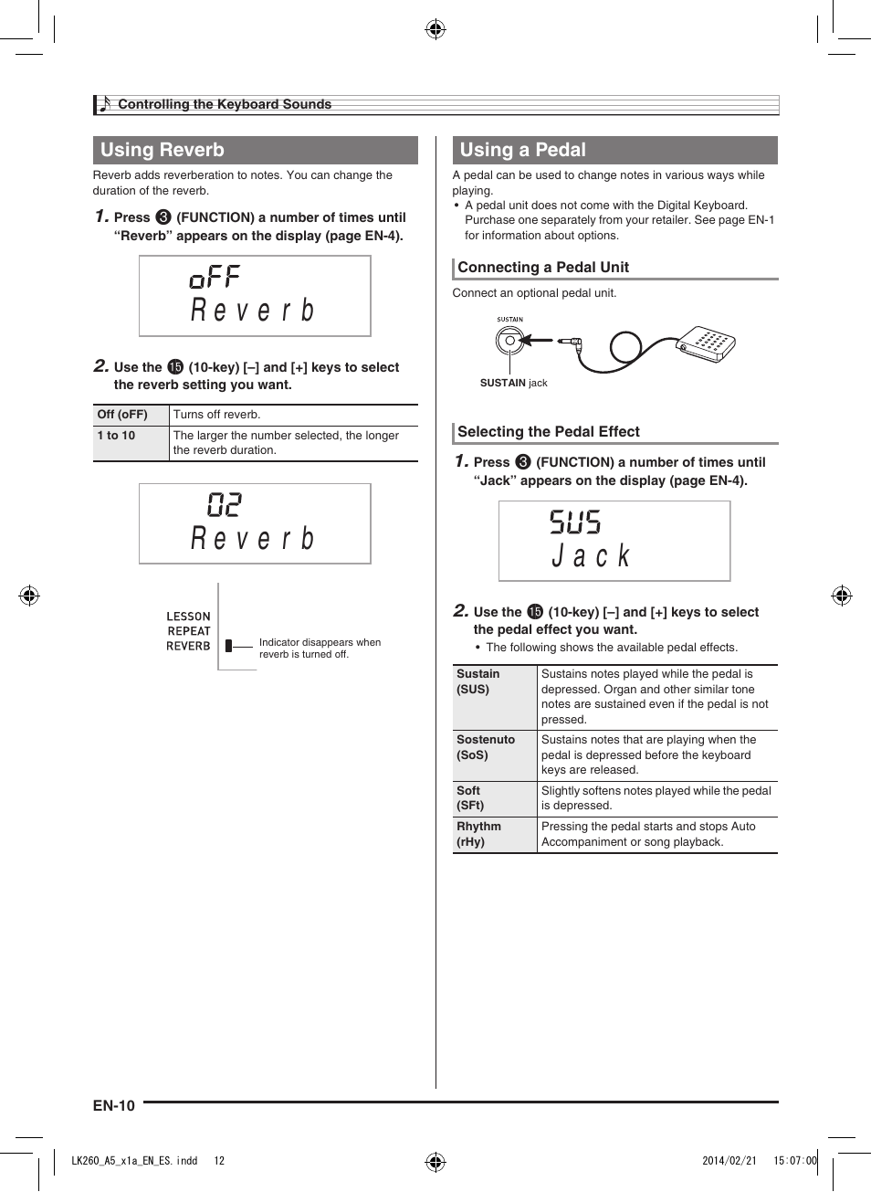 J a c k, Using reverb, Using a pedal | Casio LK-170 User Manual | Page 12 / 48