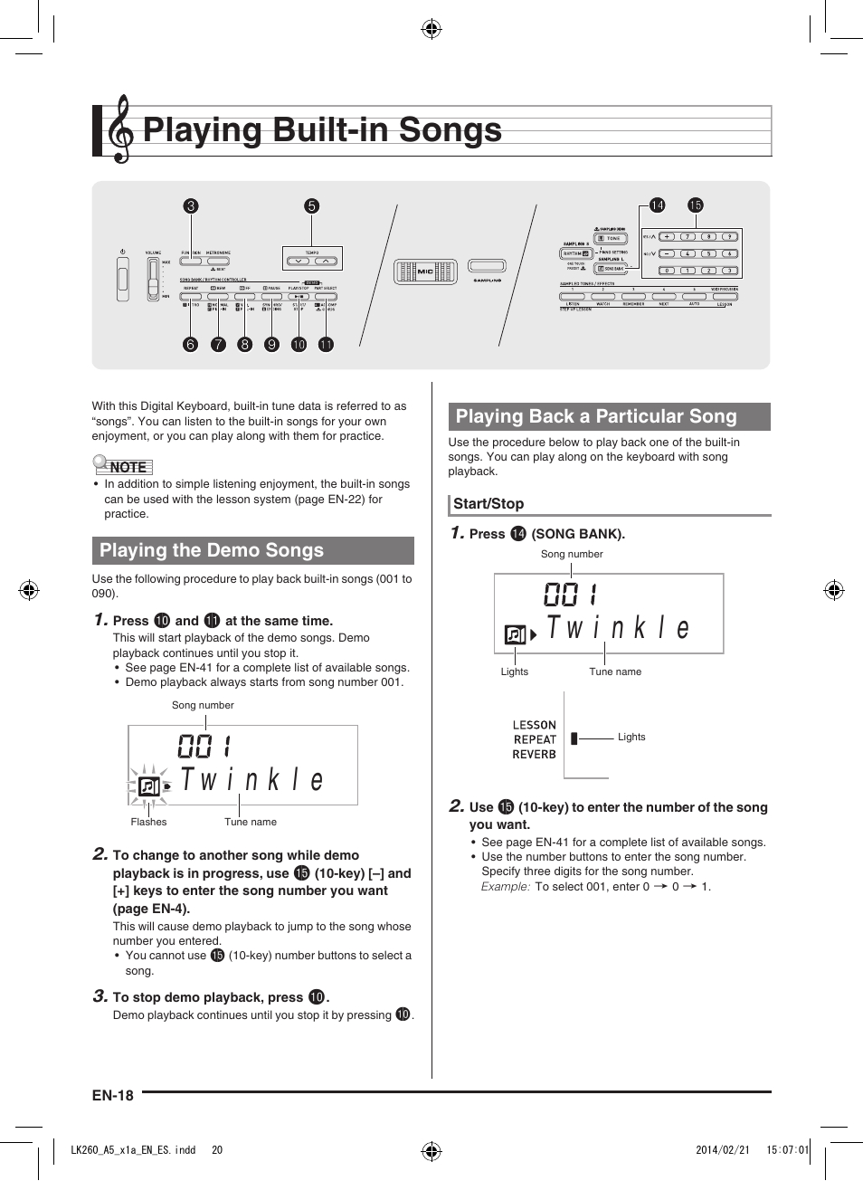 Playing built-in songs, Playing the demo songs, Playing back a particular song | Casio LK-170 User Manual | Page 20 / 48