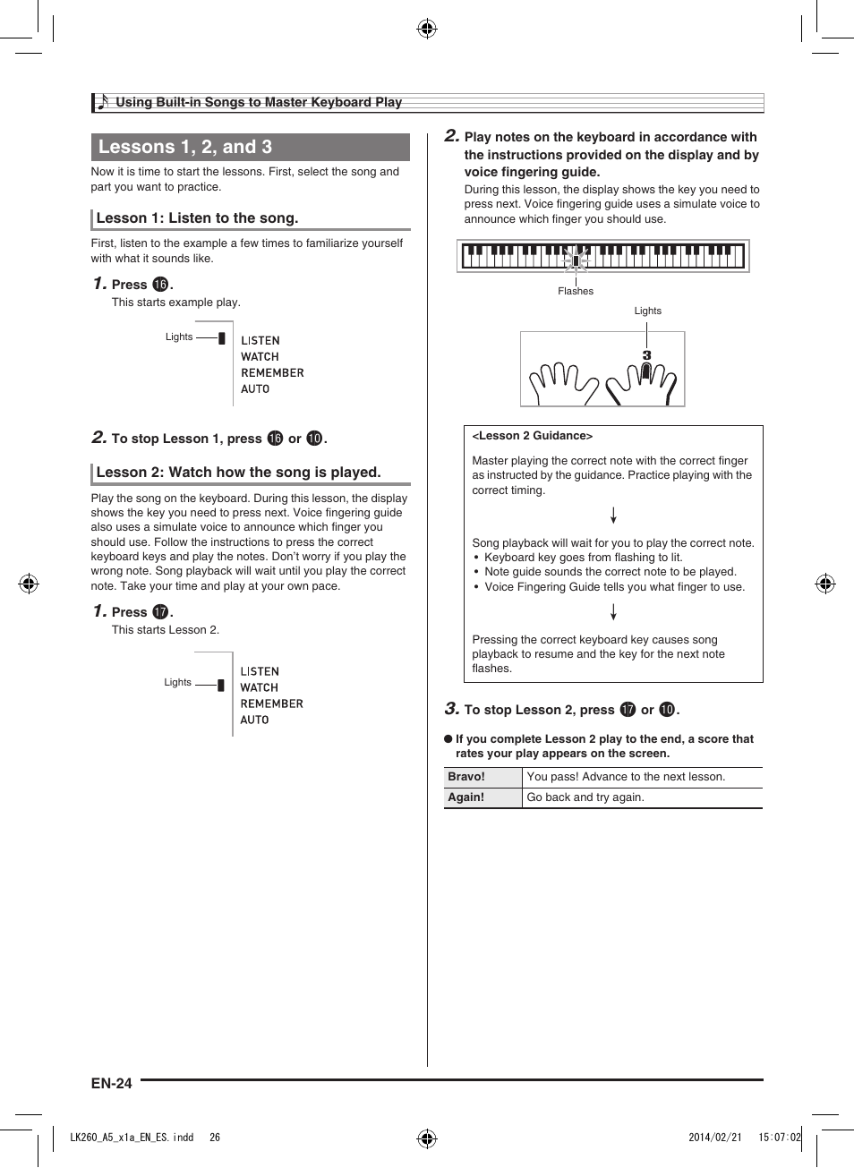 Lessons 1, 2, and 3 | Casio LK-170 User Manual | Page 26 / 48