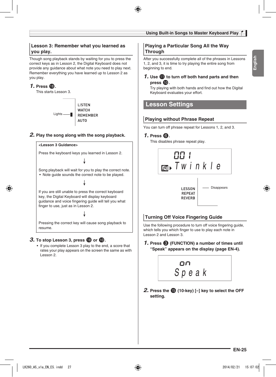 Lesson settings | Casio LK-170 User Manual | Page 27 / 48