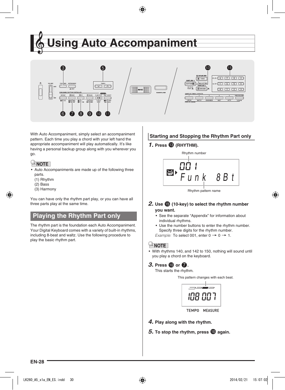 Using auto accompaniment, Playing the rhythm part only | Casio LK-170 User Manual | Page 30 / 48