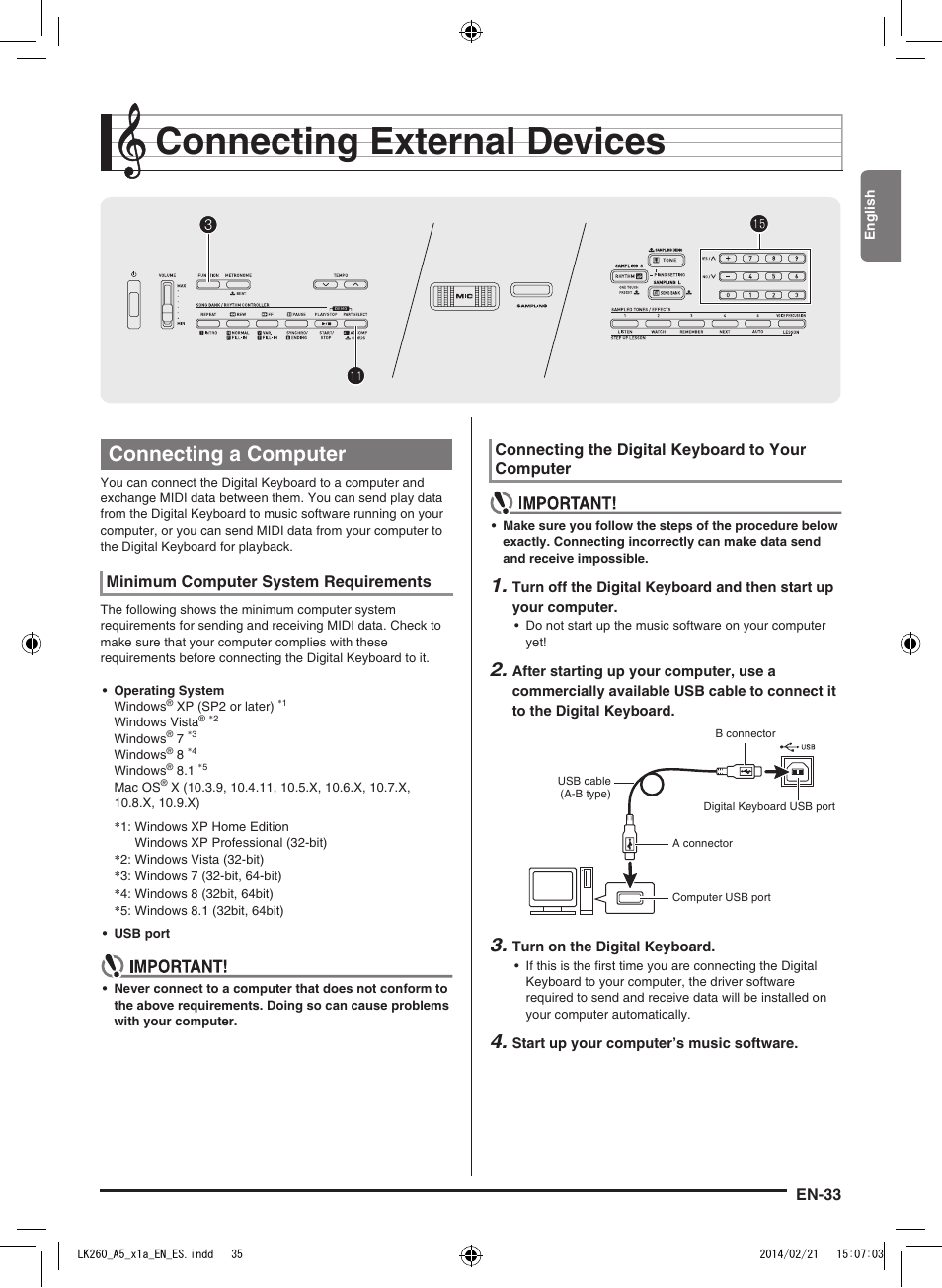 Connecting external devices, Bp 3 3 bl bl, Connecting a computer | Casio LK-170 User Manual | Page 35 / 48
