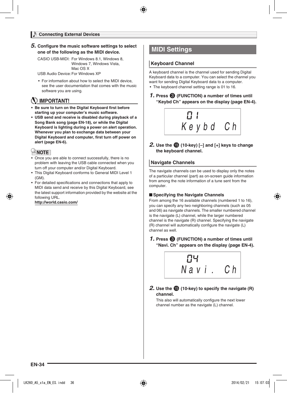 Midi settings | Casio LK-170 User Manual | Page 36 / 48