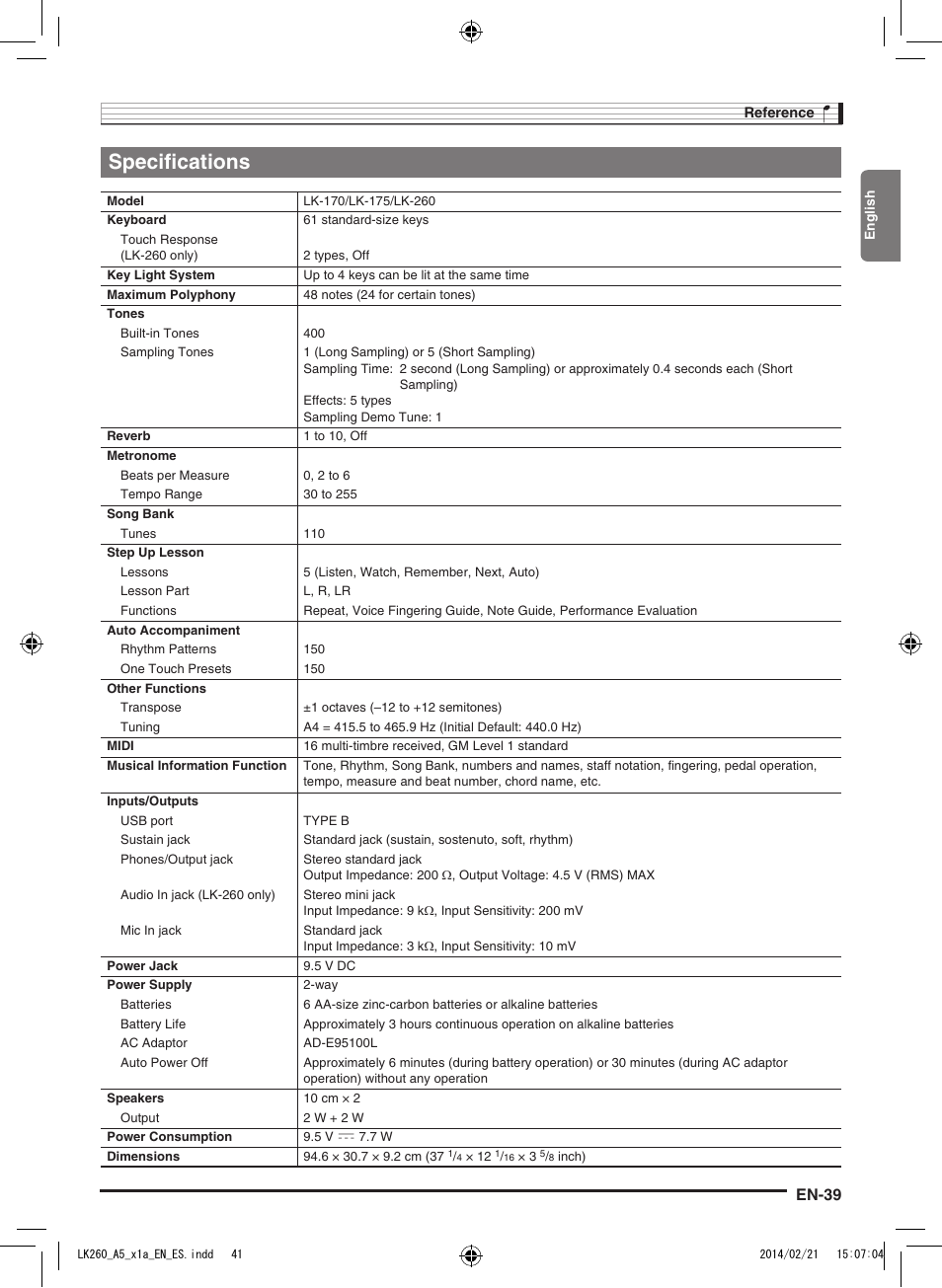 Specifications, En-39 | Casio LK-170 User Manual | Page 41 / 48