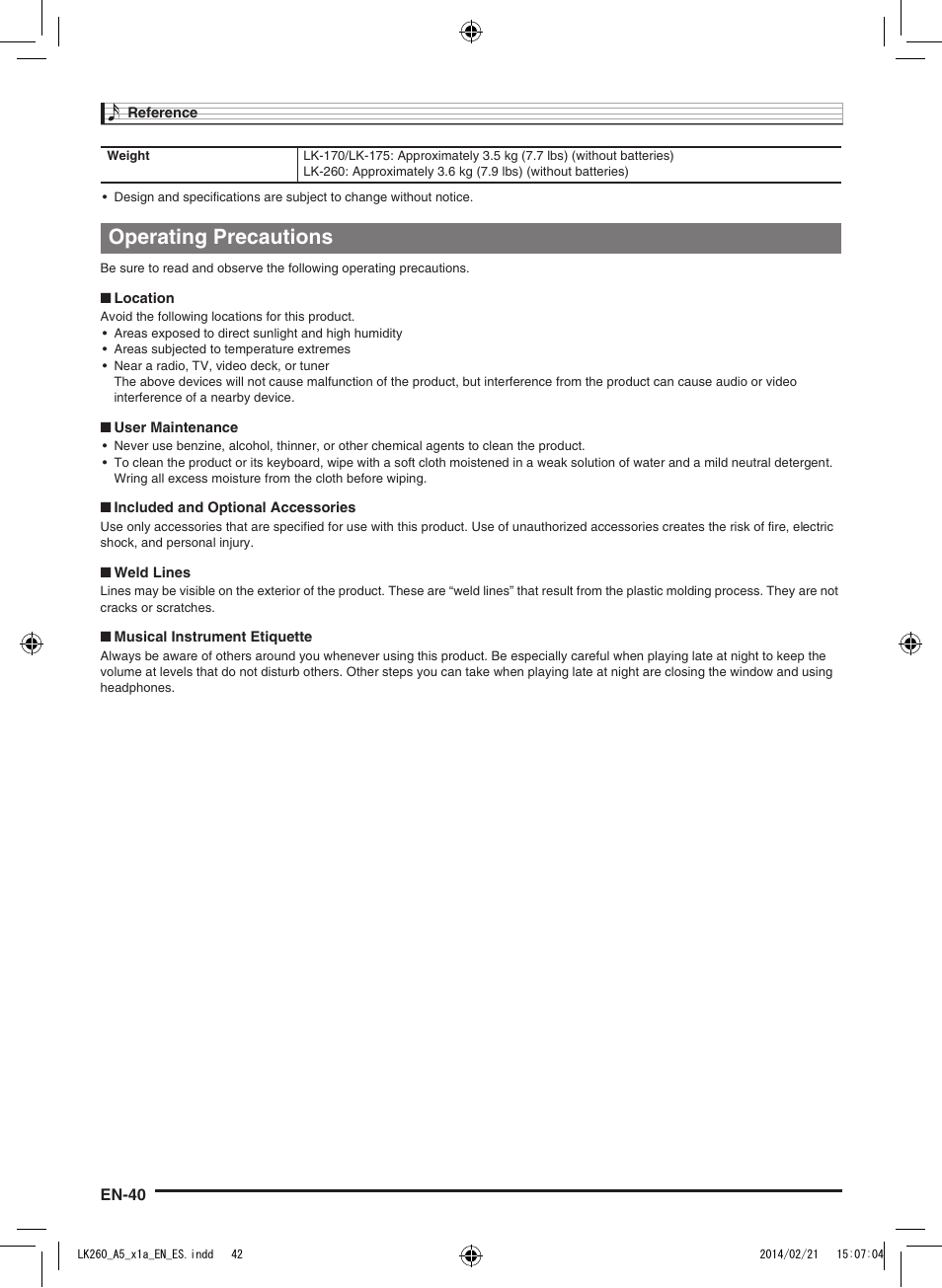 Operating precautions | Casio LK-170 User Manual | Page 42 / 48