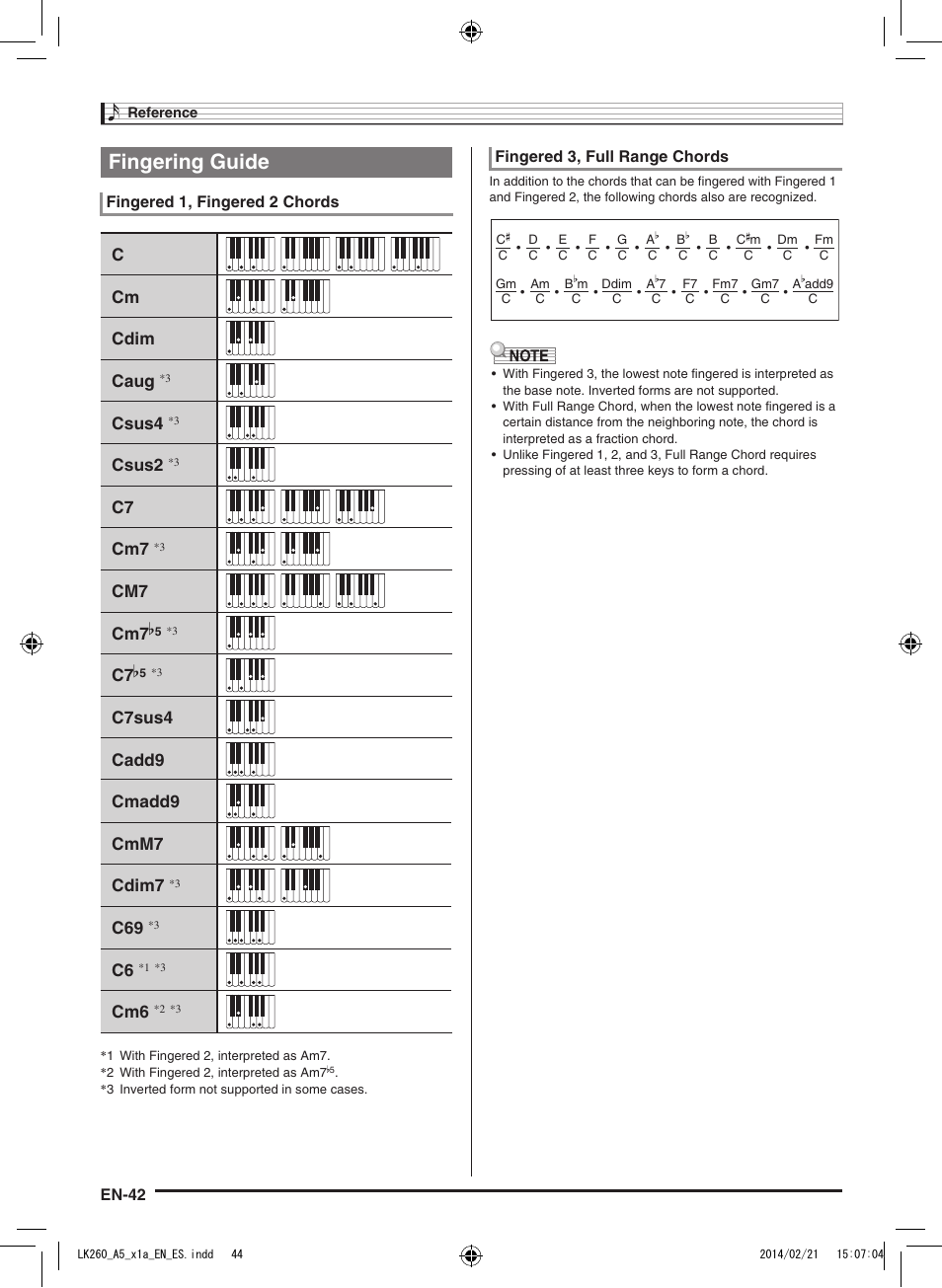 Fingering guide, Ccm cdim caug, Csus4 | Csus2, C7 cmadd9 cmm7 cdim7, Cm7 cm7, C7sus4 cadd9 c7, En-42, Fingered 1, fingered 2 chords, Fingered 3, full range chords | Casio LK-170 User Manual | Page 44 / 48