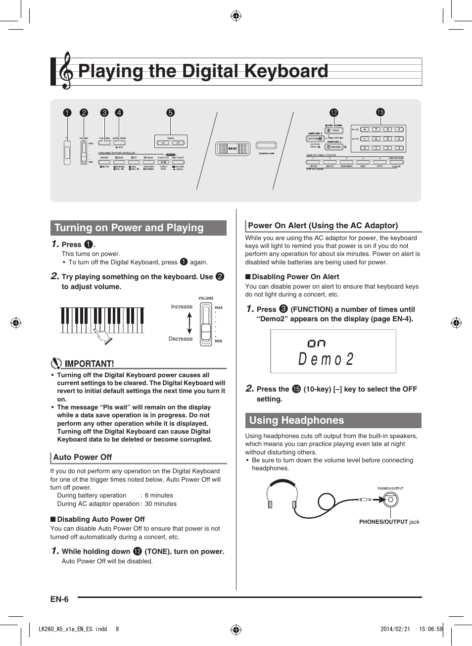 Playing the digital keyboard, Turning on power and playing, Using headphones | Casio LK-170 User Manual | Page 8 / 48