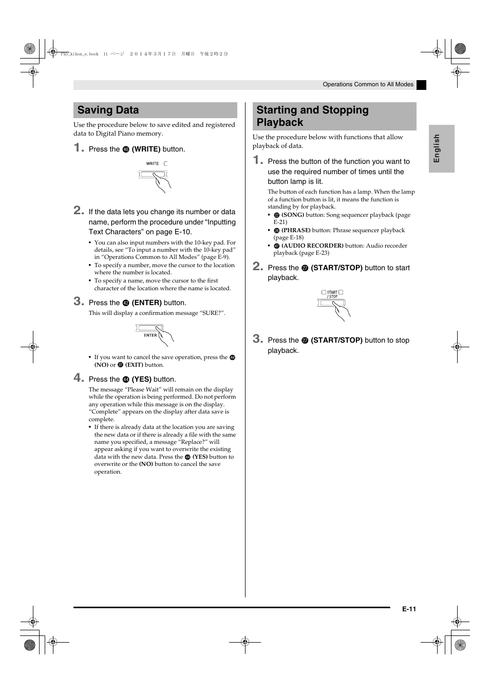 Saving data, Ge e-11), Saving data starting and stopping playback | Casio PX-5S User Manual | Page 13 / 44