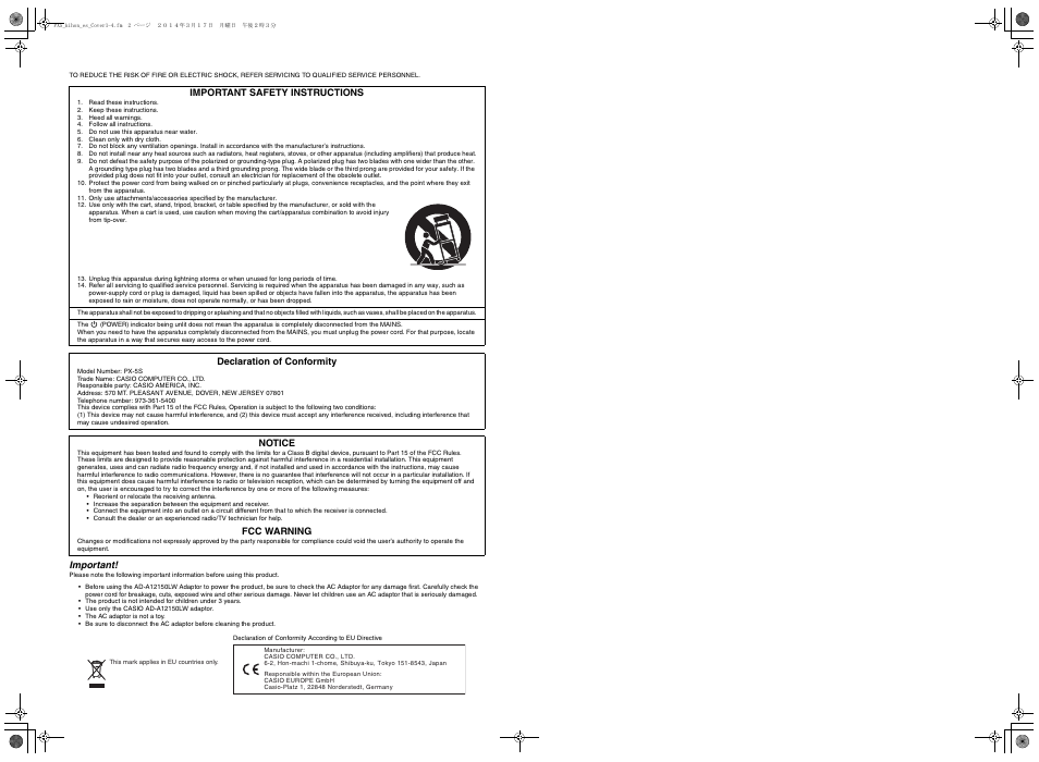 Important, Important safety instructions, Declaration of conformity | Notice, Fcc warning | Casio PX-5S User Manual | Page 2 / 44