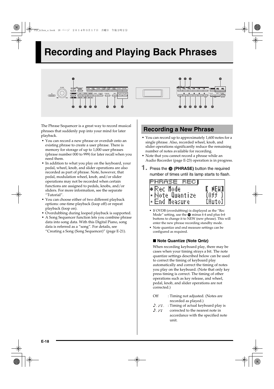 See “recording and playing back phrases, E-18.), Recording and playing back phrases | Recording a new phrase | Casio PX-5S User Manual | Page 20 / 44