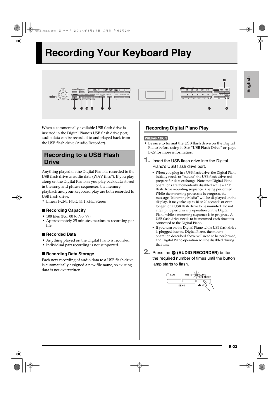 Recording your keyboard play, Recording to a usb flash drive | Casio PX-5S User Manual | Page 25 / 44