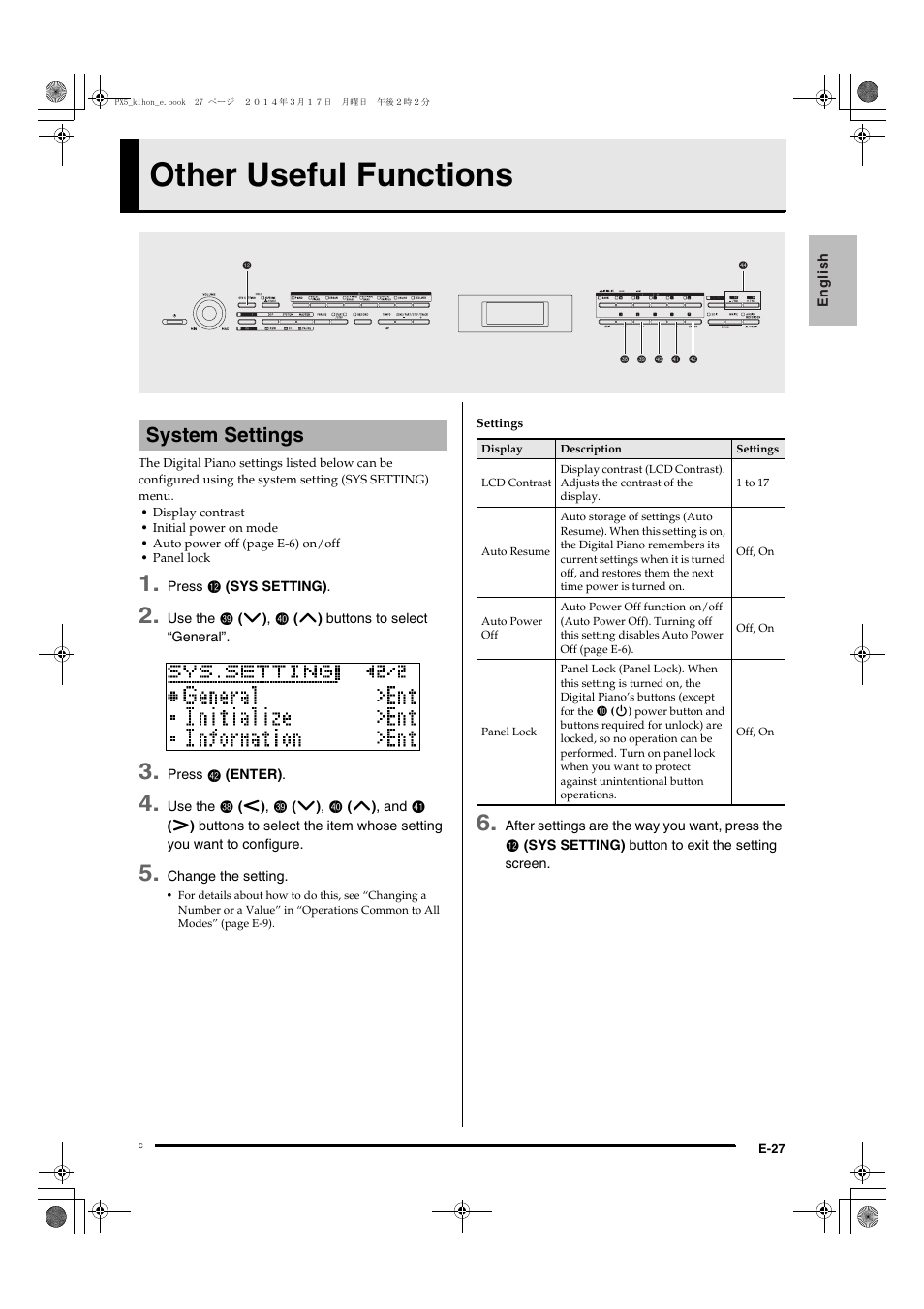 Other useful functions..........e-27, Auto resume, E e-27 | Panel lock” (pa, E e-27), Other useful functions, System settings | Casio PX-5S User Manual | Page 29 / 44