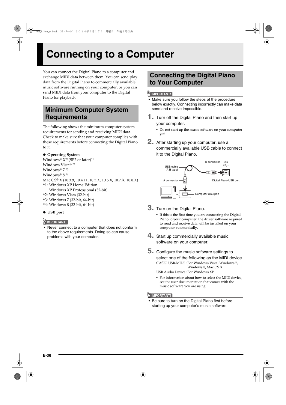 Connecting to a computer ....e-36, Connecting to a computer, Minimum computer system requirements | Connecting the digital piano to your computer | Casio PX-5S User Manual | Page 38 / 44