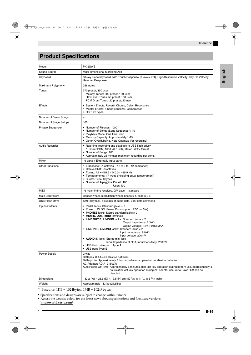 Product specifications, English | Casio PX-5S User Manual | Page 41 / 44