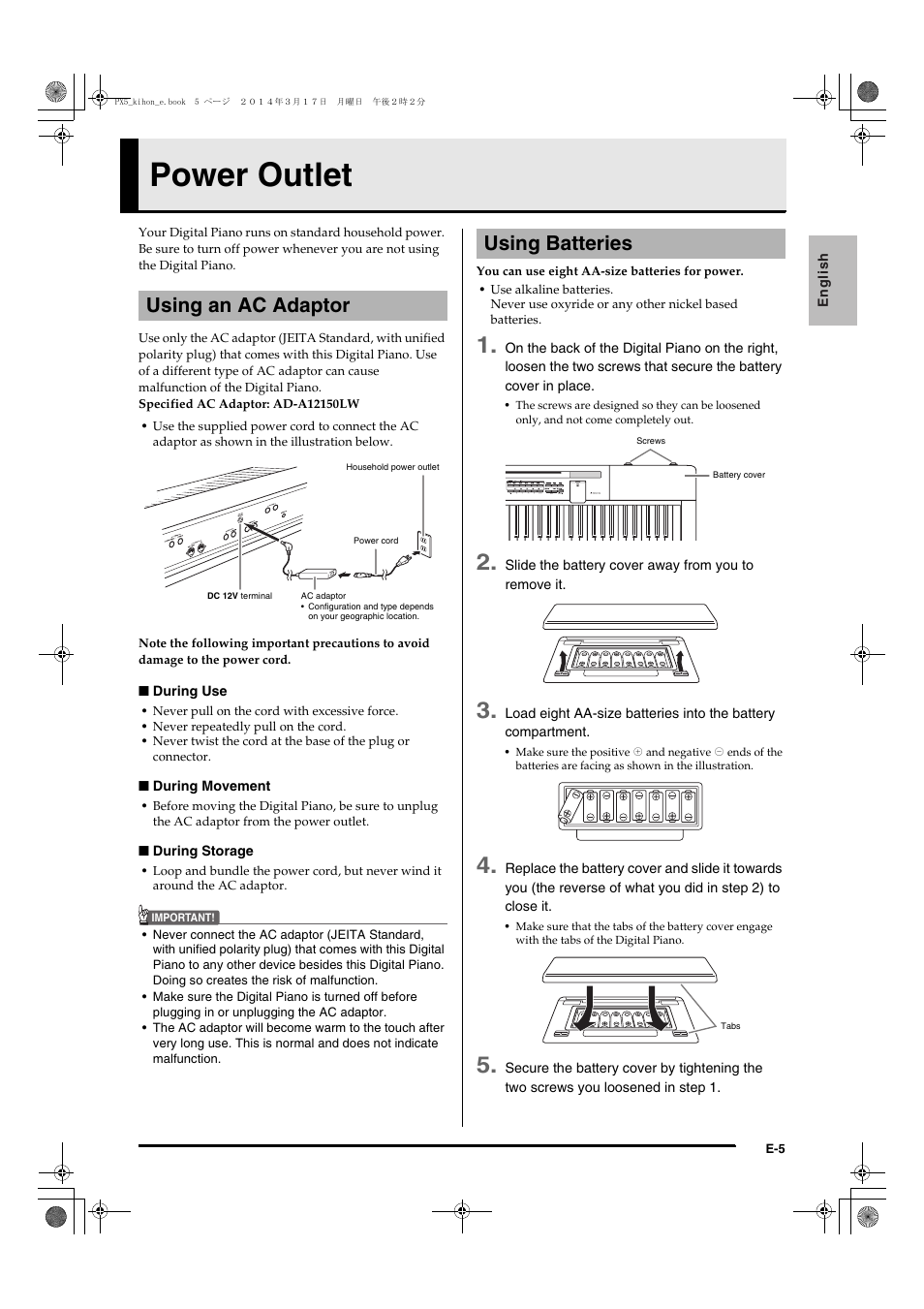 Power outlet ............................. e-5, Power outlet, Using an ac adaptor | Using batteries | Casio PX-5S User Manual | Page 7 / 44