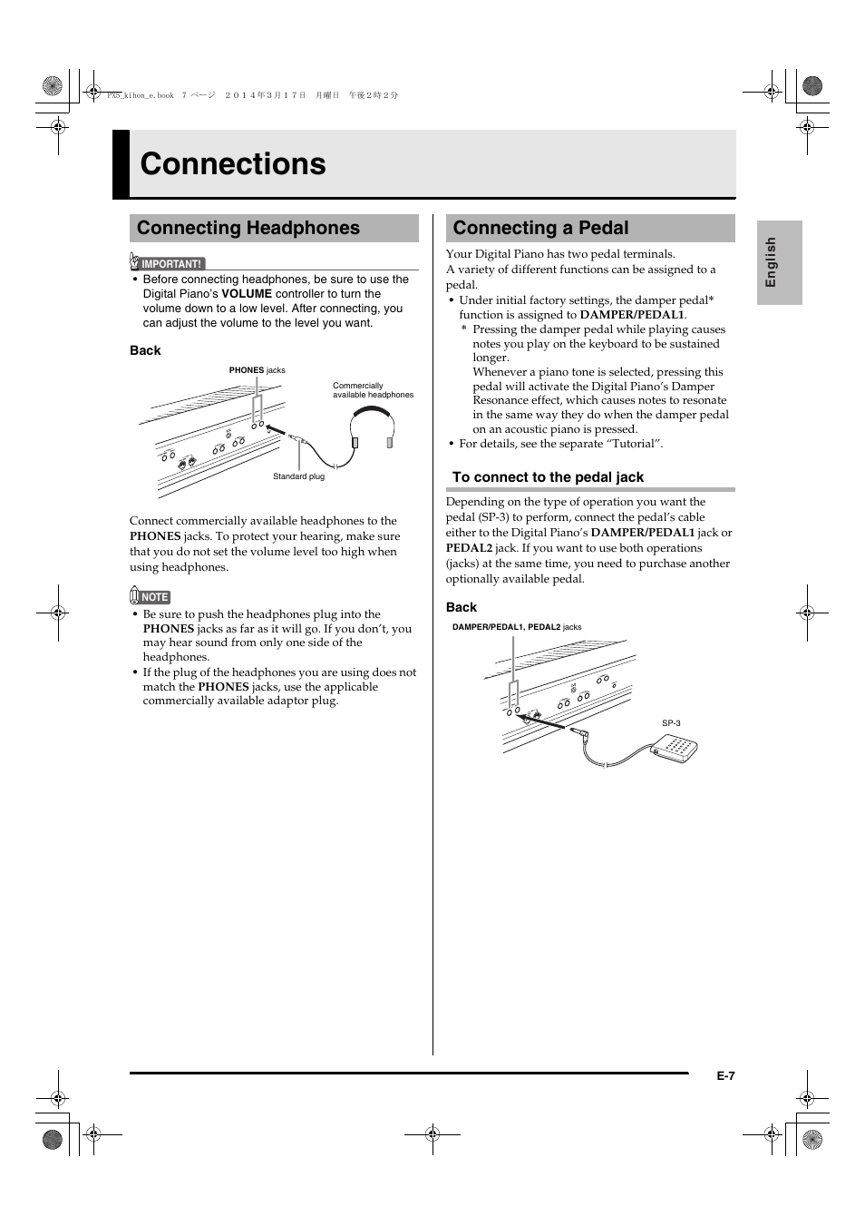 Connections.............................. e-7, Connections, Connecting headphones | Connecting a pedal | Casio PX-5S User Manual | Page 9 / 44