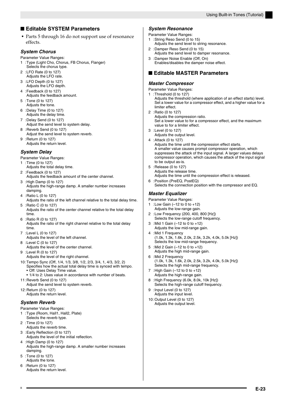 Editable system parameters, Editable master parameters | Casio PX-5S Tutorial User Manual | Page 24 / 55