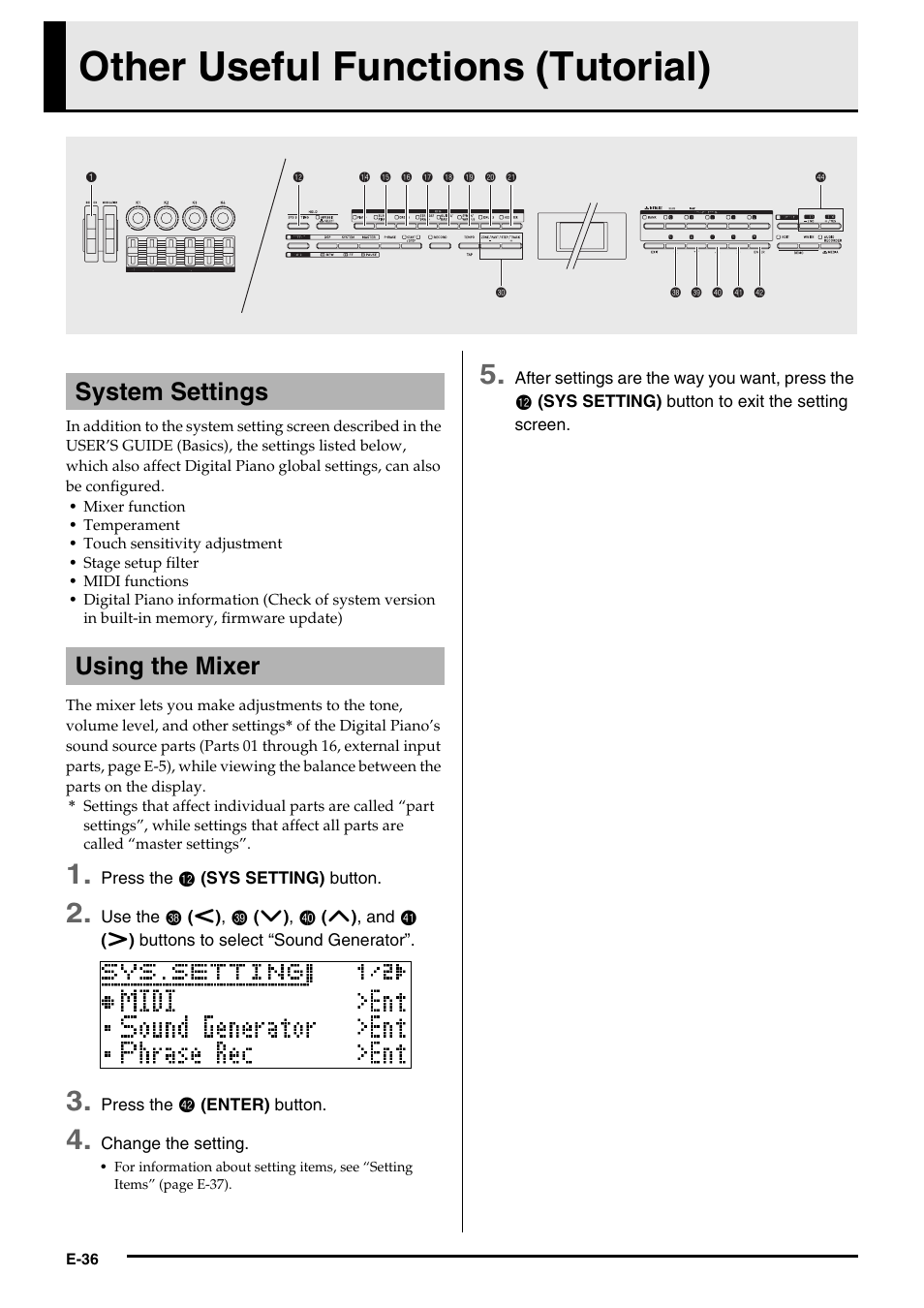 Other useful functions (tutorial), System settings using the mixer | Casio PX-5S Tutorial User Manual | Page 37 / 55