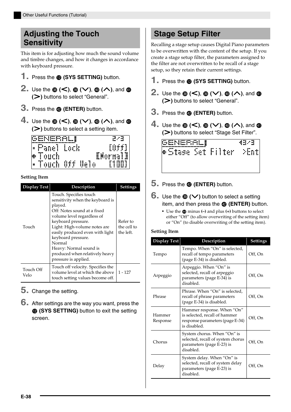 Adjusting the touch sensitivity, Stage setup filter | Casio PX-5S Tutorial User Manual | Page 39 / 55