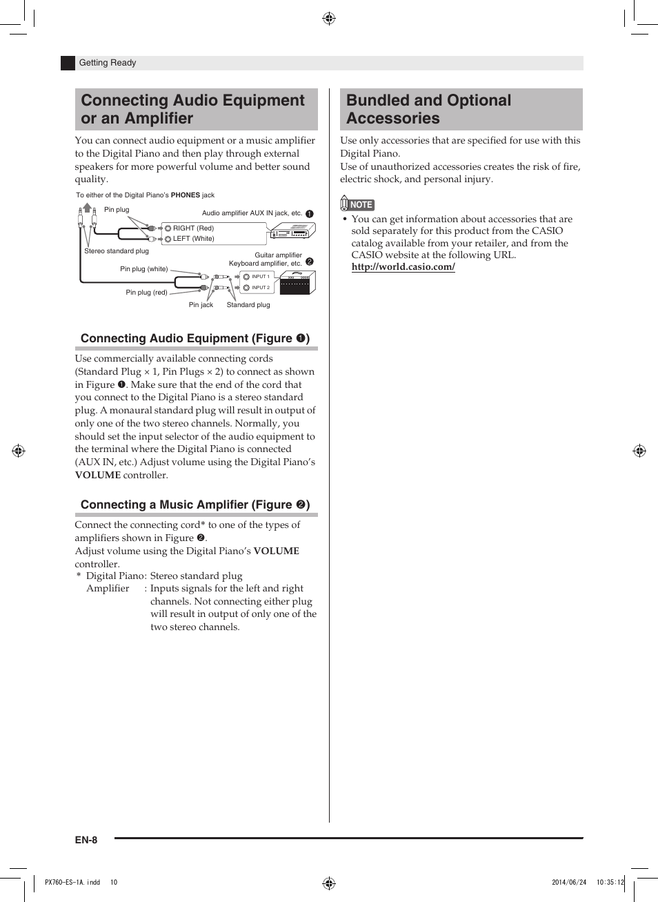Connecting audio equipment or an amplifier, Bundled and optional accessories, Connecting audio equipment (figure 1 ) | Connecting a music amplifier (figure 2 ) | Casio PX-760 User Manual | Page 10 / 50