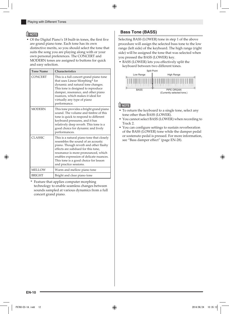 Bass tone (bass) | Casio PX-760 User Manual | Page 12 / 50