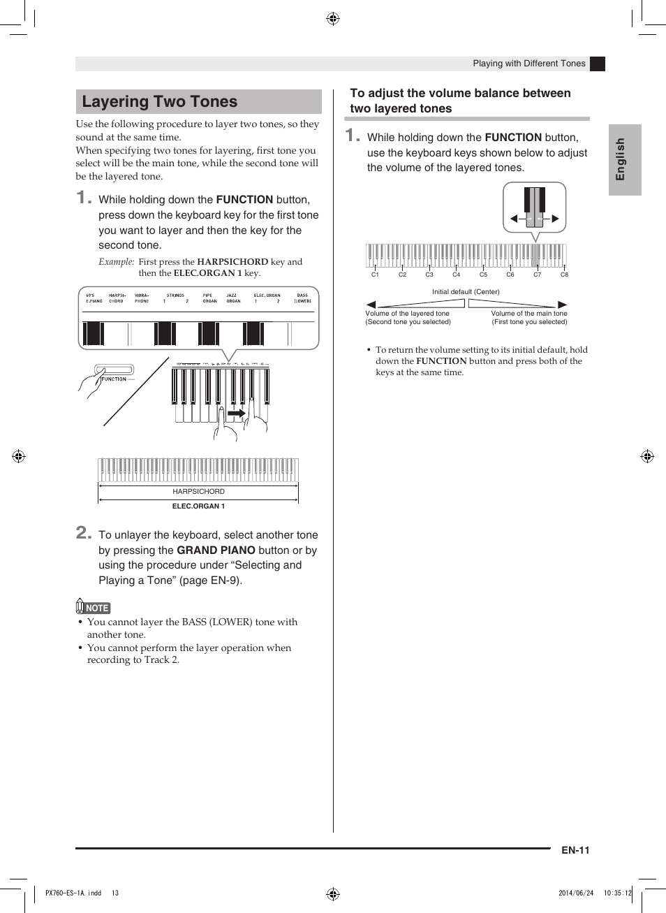 Layering two tones | Casio PX-760 User Manual | Page 13 / 50