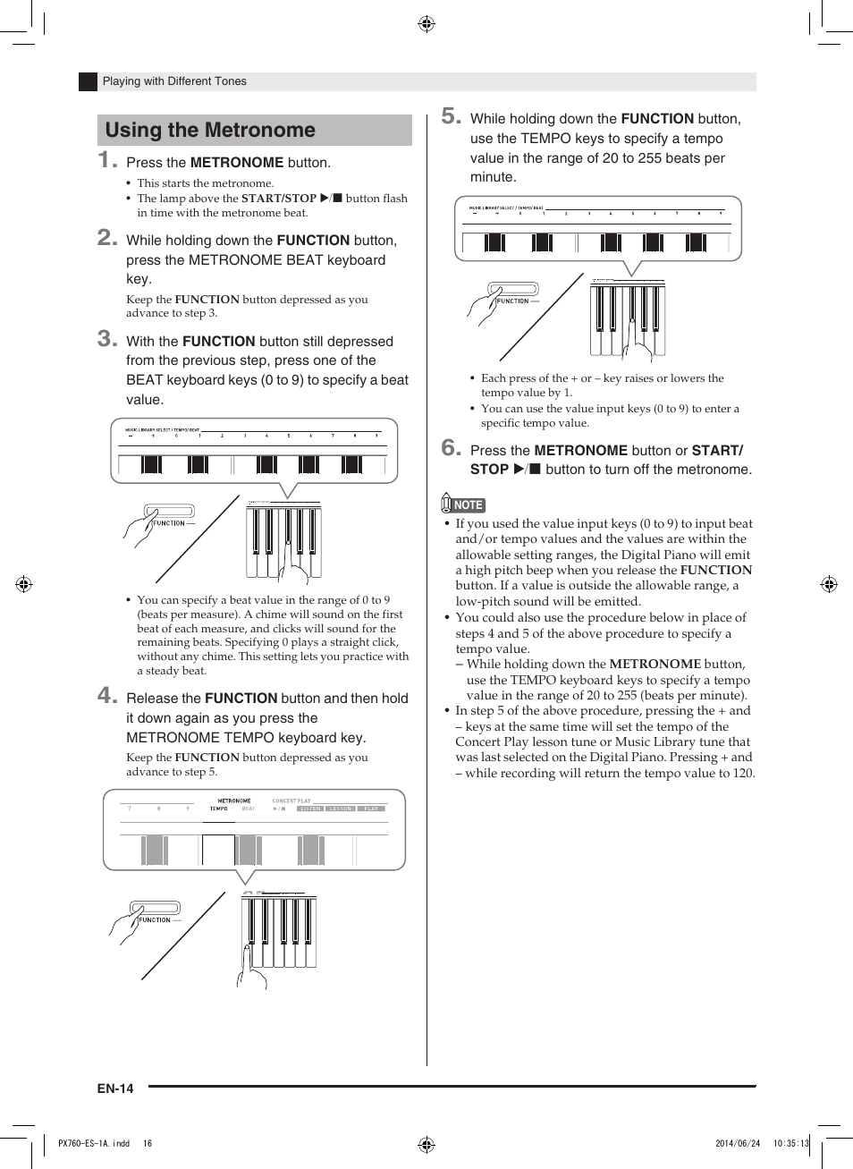 Using the metronome | Casio PX-760 User Manual | Page 16 / 50