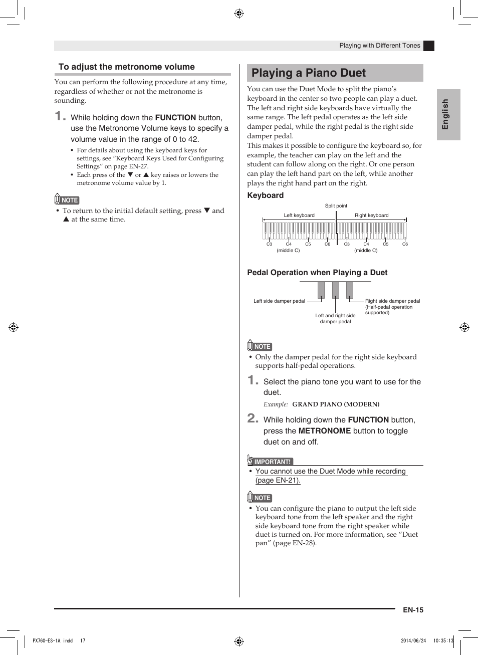 Playing a piano duet | Casio PX-760 User Manual | Page 17 / 50