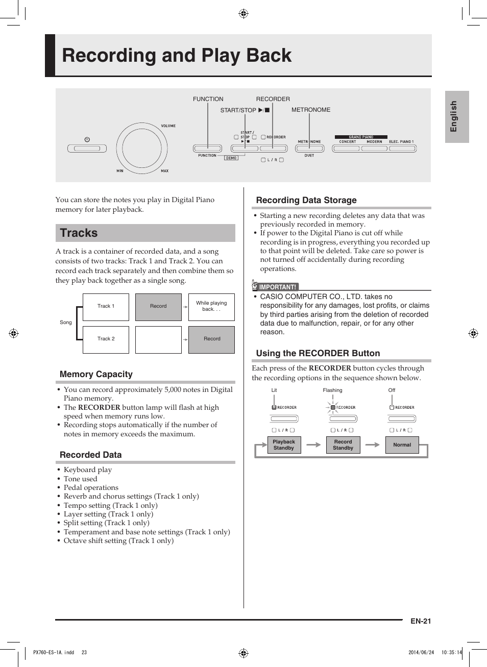 Recording and play back, Tracks, Recorded data | Recording data storage, Using the recorder button | Casio PX-760 User Manual | Page 23 / 50
