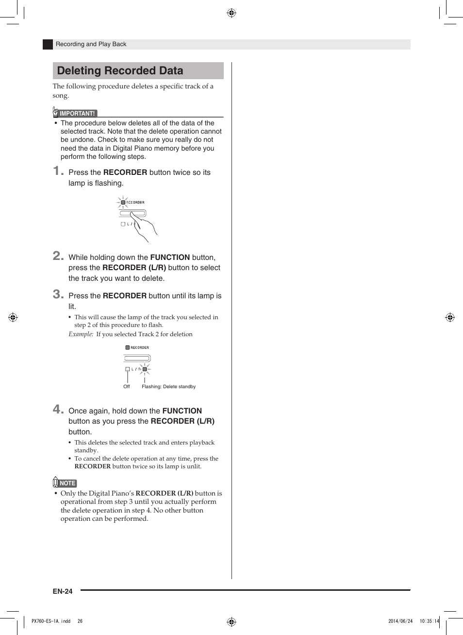 Deleting recorded data | Casio PX-760 User Manual | Page 26 / 50