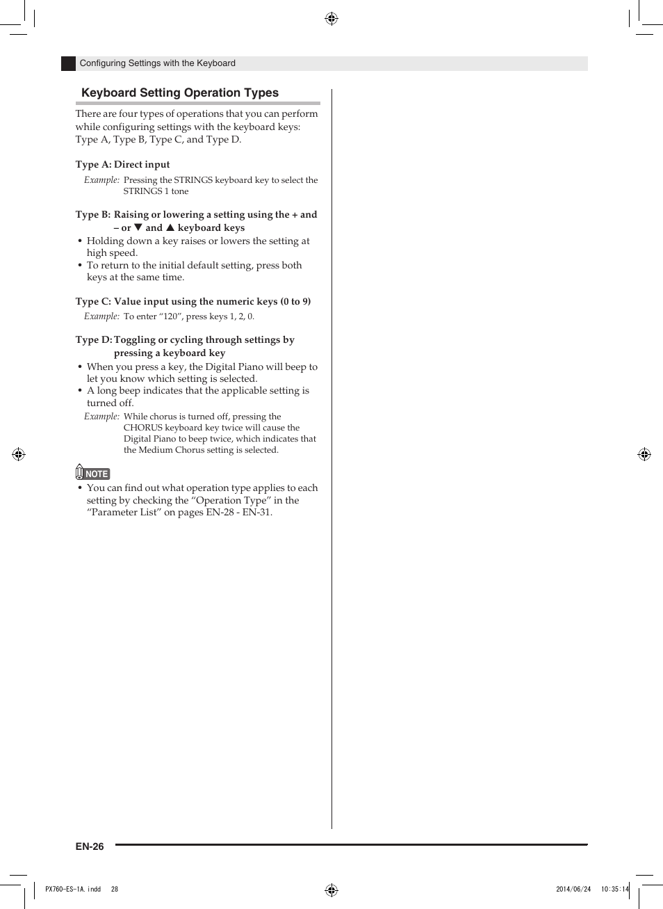 Keyboard setting operation types | Casio PX-760 User Manual | Page 28 / 50