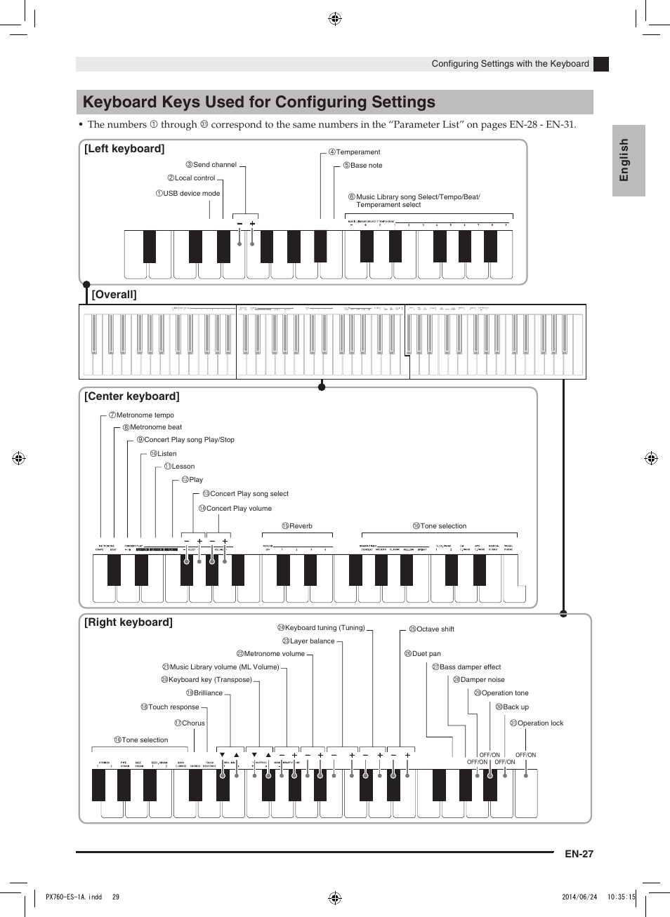 Keyboard keys used for configuring settings, English, En-27 | Casio PX-760 User Manual | Page 29 / 50