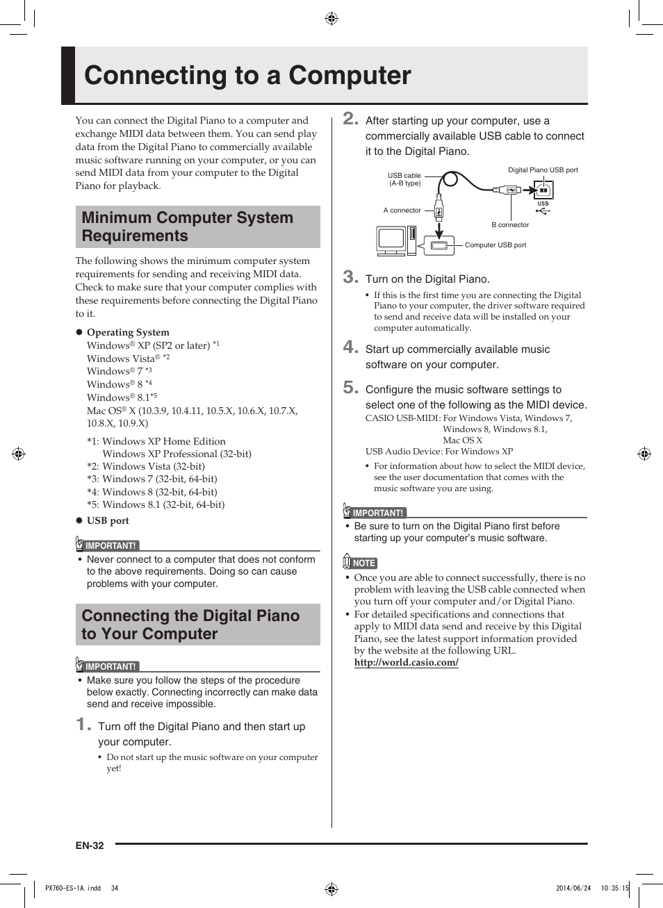Connecting to a computer, Minimum computer system requirements, Connecting the digital piano to your computer | Casio PX-760 User Manual | Page 34 / 50