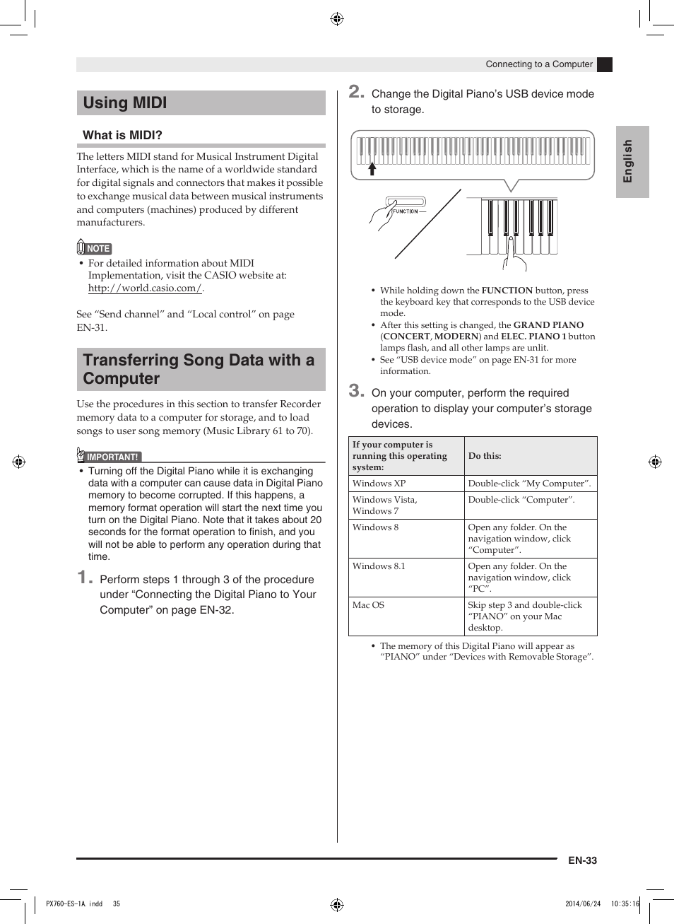 Using midi transferring song data with a computer | Casio PX-760 User Manual | Page 35 / 50