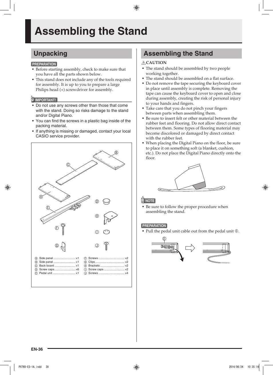 Assembling the stand, Unpacking | Casio PX-760 User Manual | Page 38 / 50