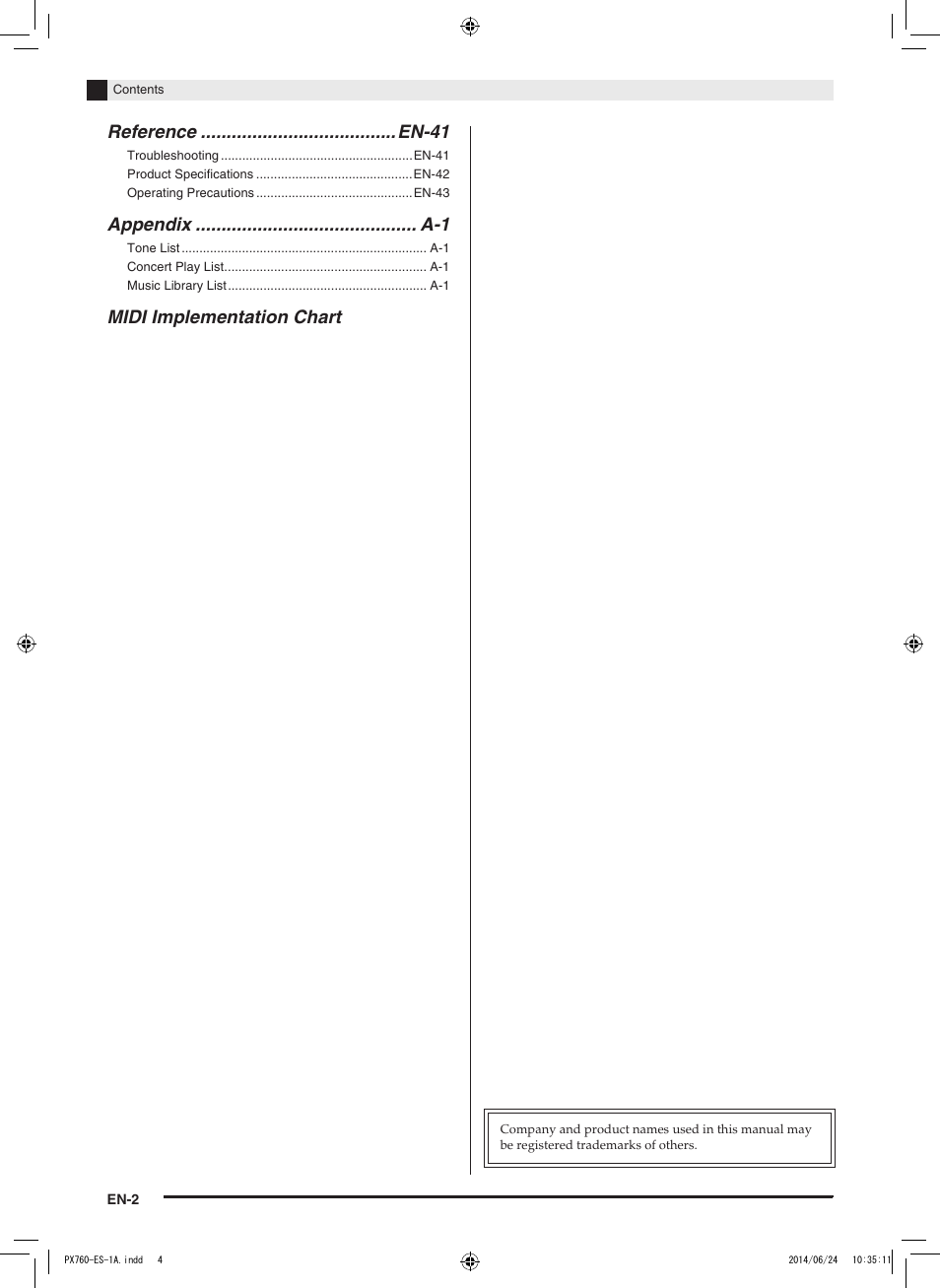 Midi implementation chart | Casio PX-760 User Manual | Page 4 / 50