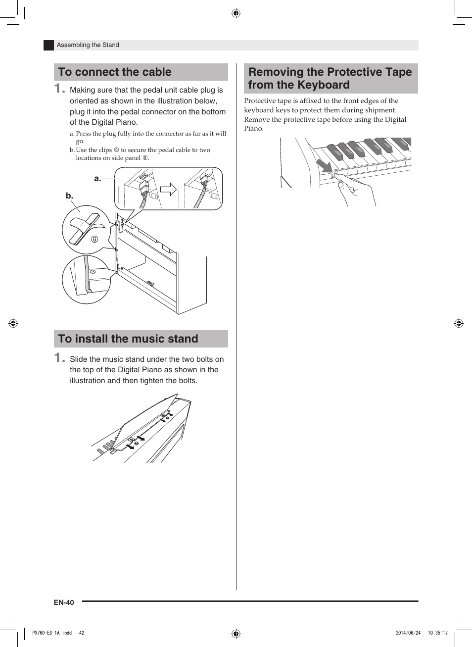 Removing the protective tape from the keyboard | Casio PX-760 User Manual | Page 42 / 50