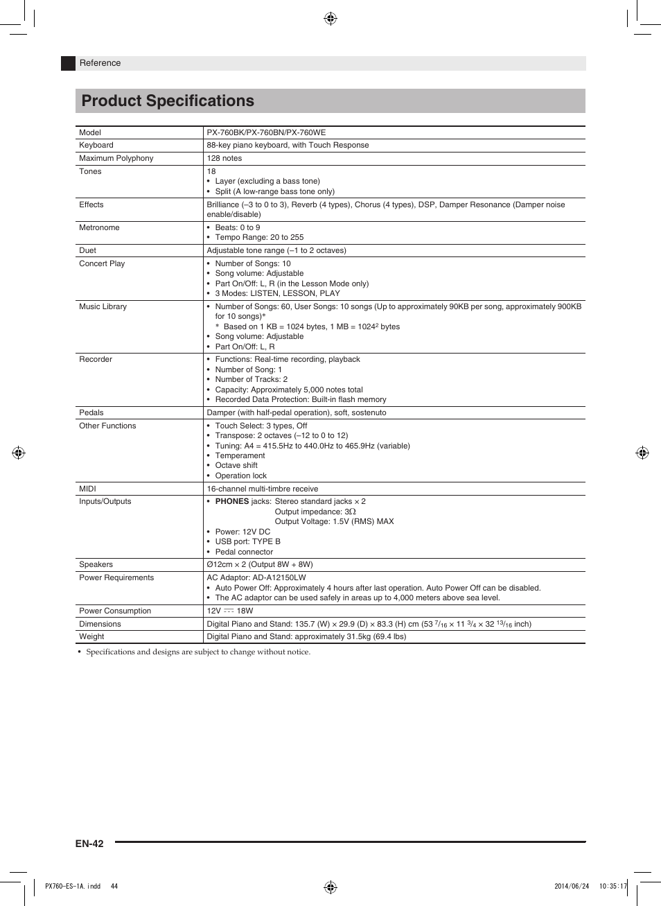 Product specifications, En-42 | Casio PX-760 User Manual | Page 44 / 50