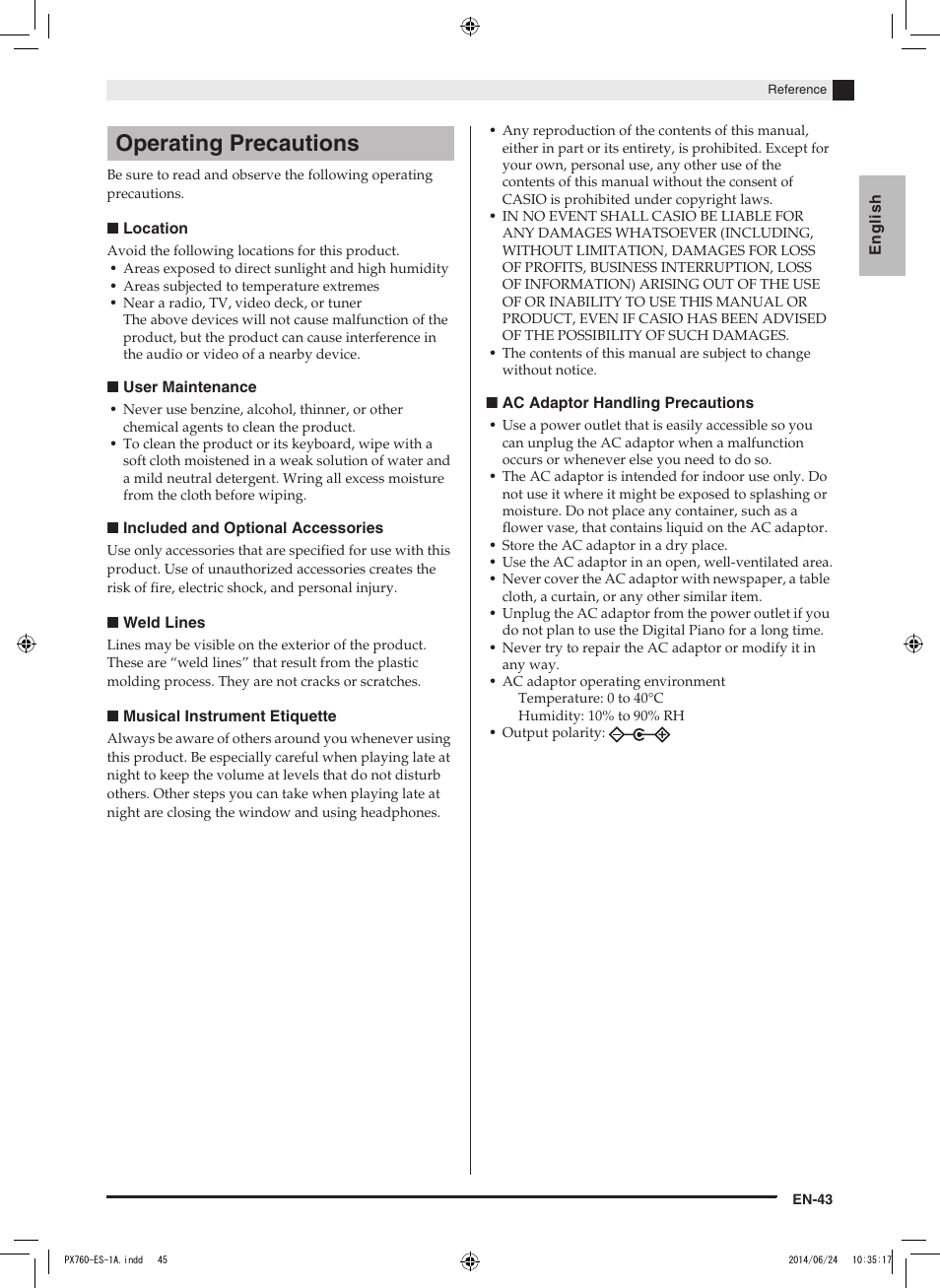 Operating precautions | Casio PX-760 User Manual | Page 45 / 50