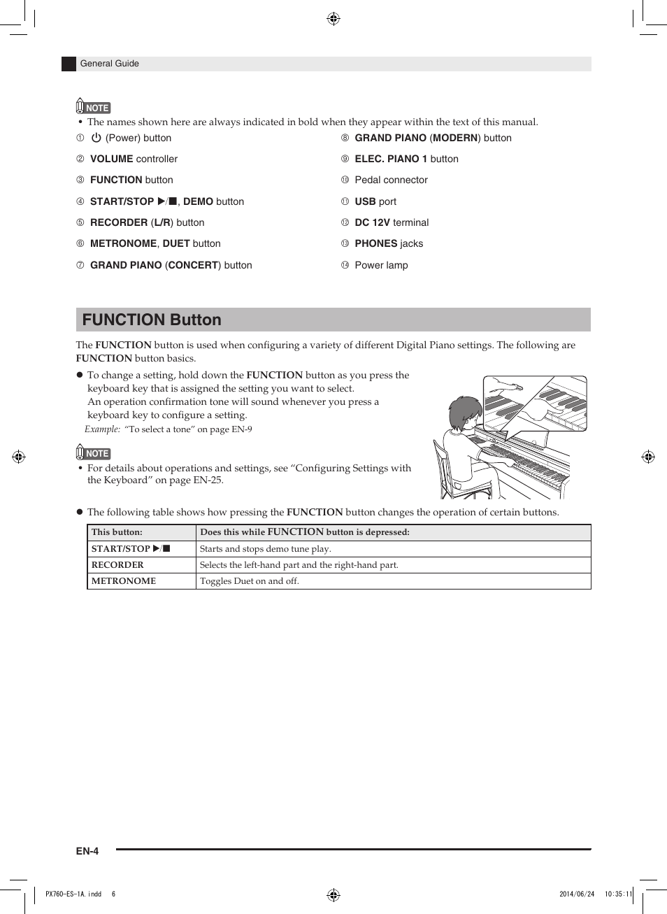 Function button | Casio PX-760 User Manual | Page 6 / 50