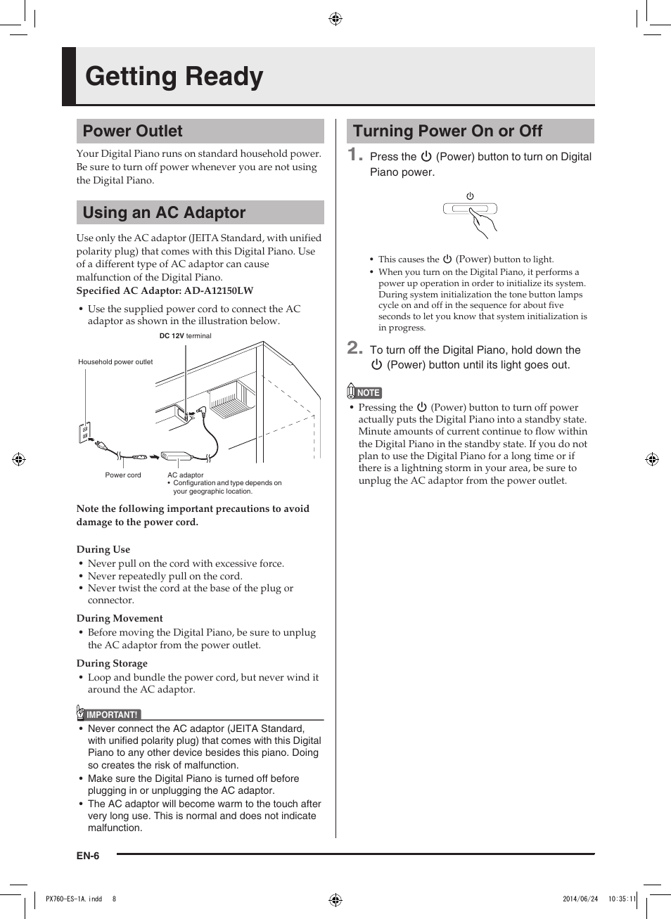 Getting ready, Power outlet using an ac adaptor, Turning power on or off | Casio PX-760 User Manual | Page 8 / 50