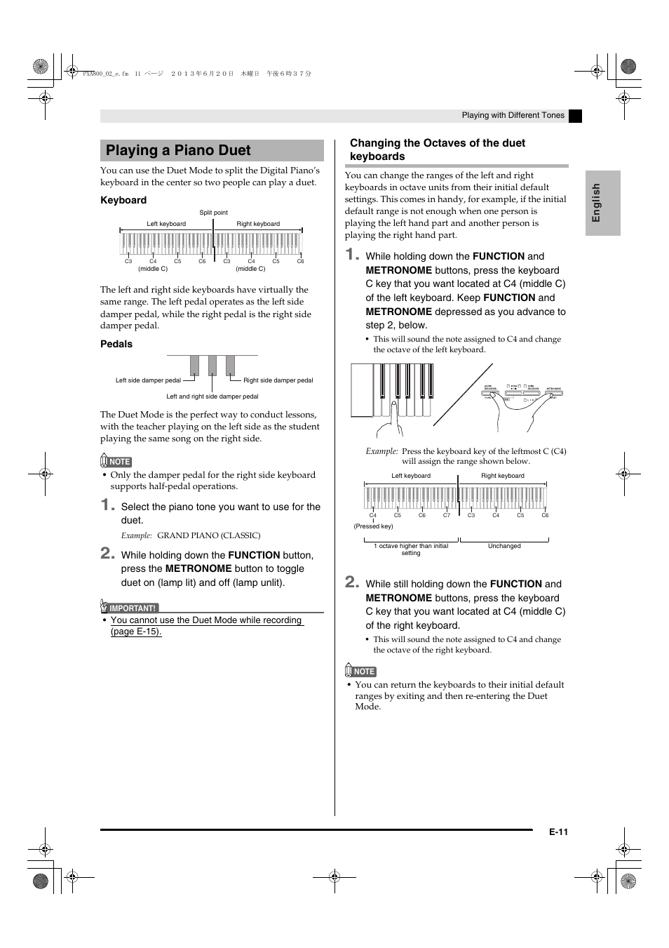 Playing a piano duet, Changing the octaves of the duet keyboards | Casio PX-A800BN User Manual | Page 13 / 56